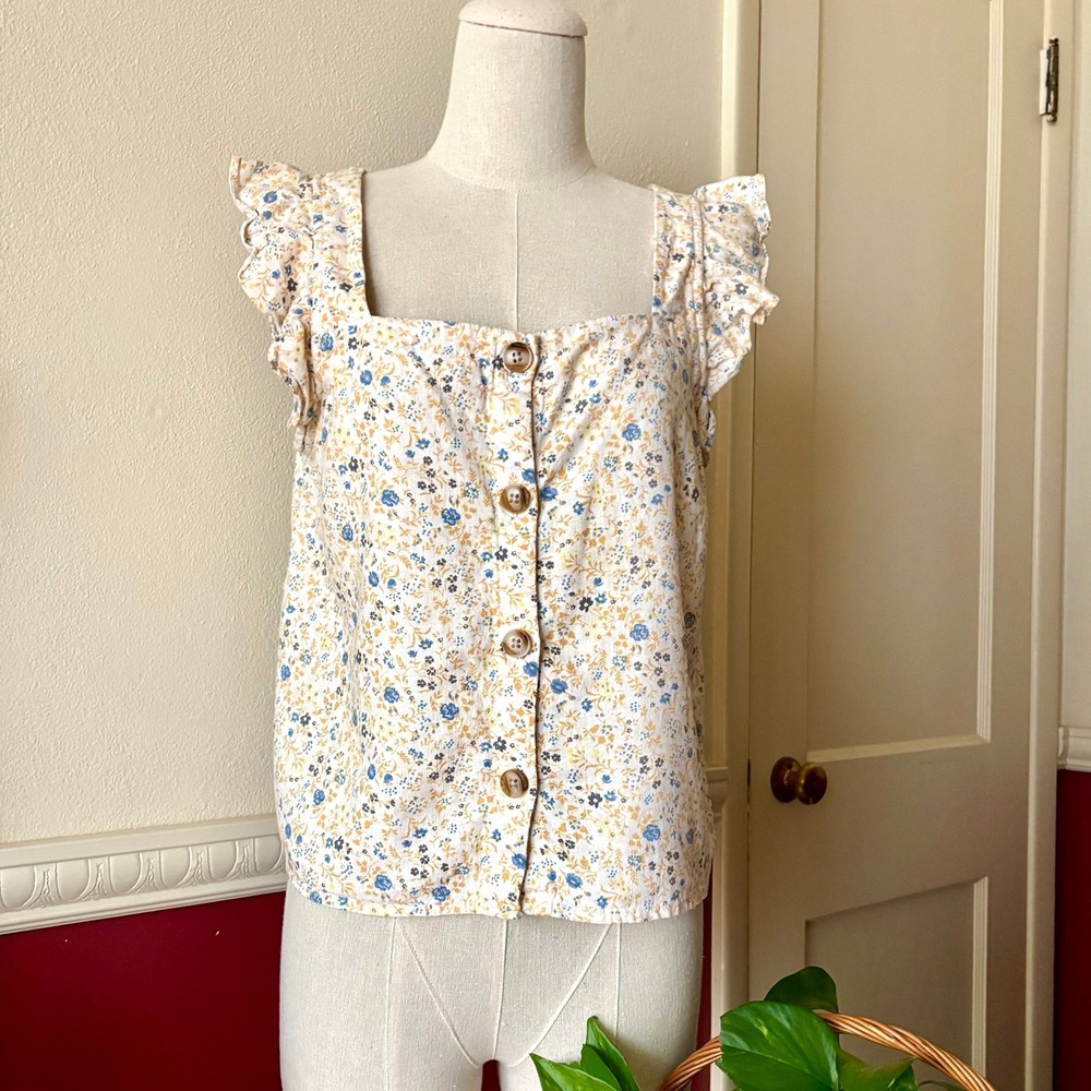 Madewell Linen-Blend Ruffle Strap Button Up Top S Folkmagic Floral Fairy Goblin - Picture 2 of 10